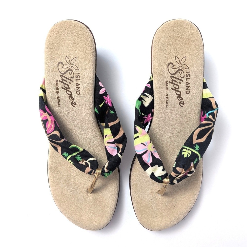 Island Slipper Floral Wedge Flip Flop Sandals Made in Hawaii Resortwear Sz 7 - Picture 2 of 12